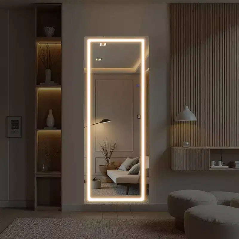 Miroir pleine longueur LED en aluminium sans cadre argenté avec coins arrondis