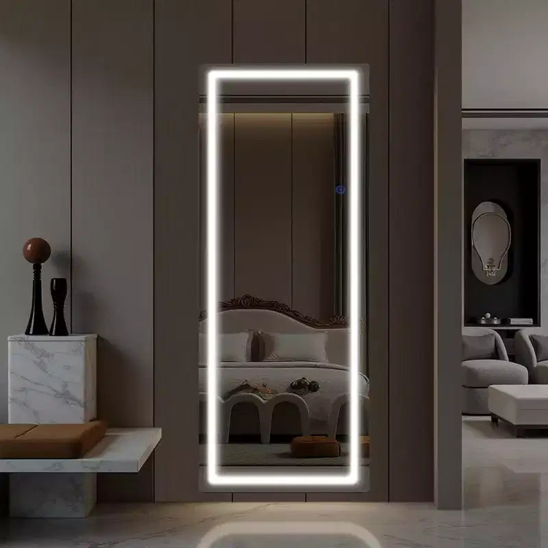 Miroir pleine longueur LED en aluminium sans cadre argenté avec coins arrondis
