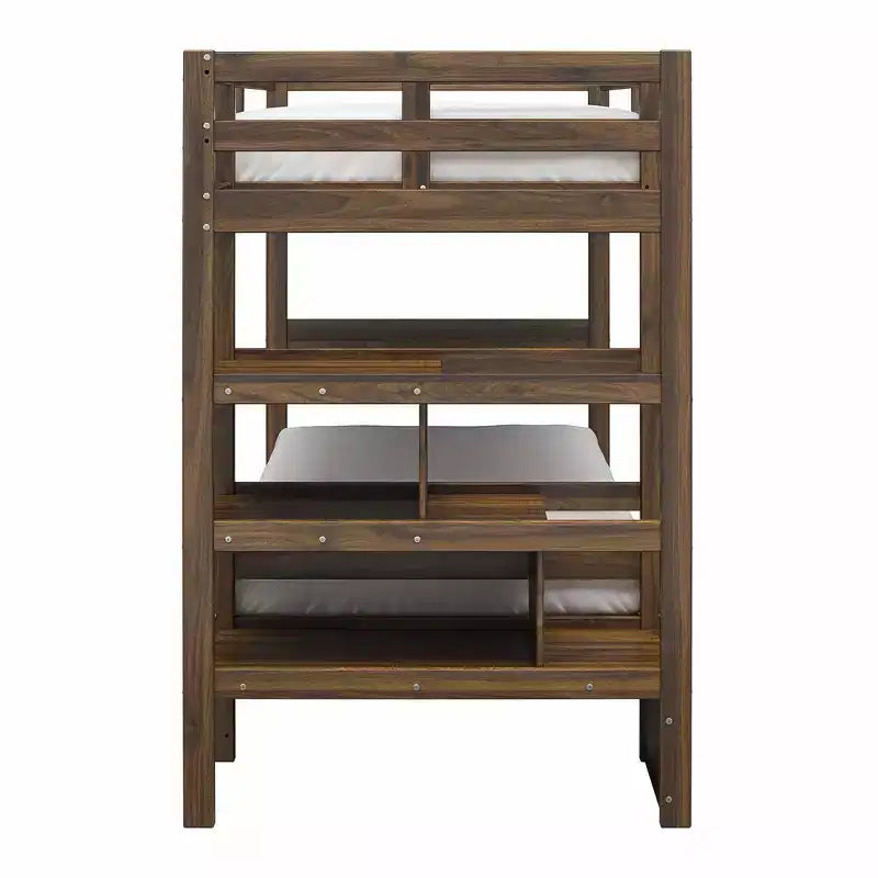 Lit superposé en bois avec escalier et étagère, deux places