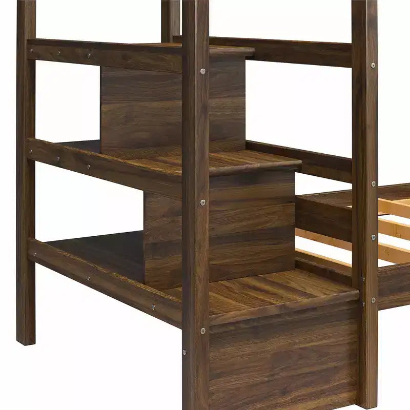 Lit superposé en bois avec escalier et étagère, deux places