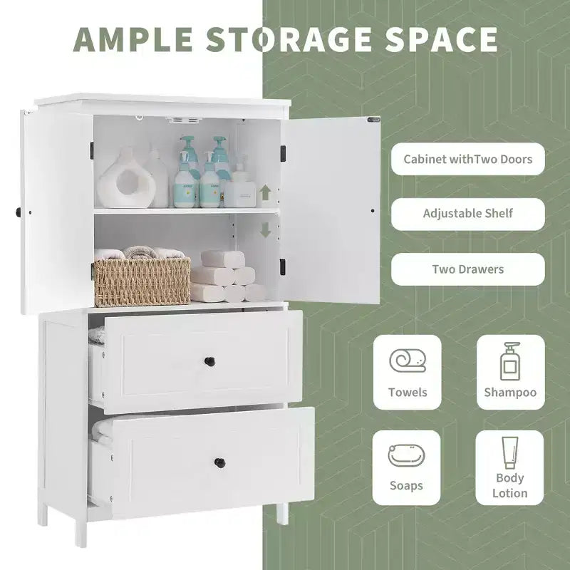Meuble de Rangement Salle de Bain, Armoire avec Deux Portes, Tiroirs et Étagère Réglable