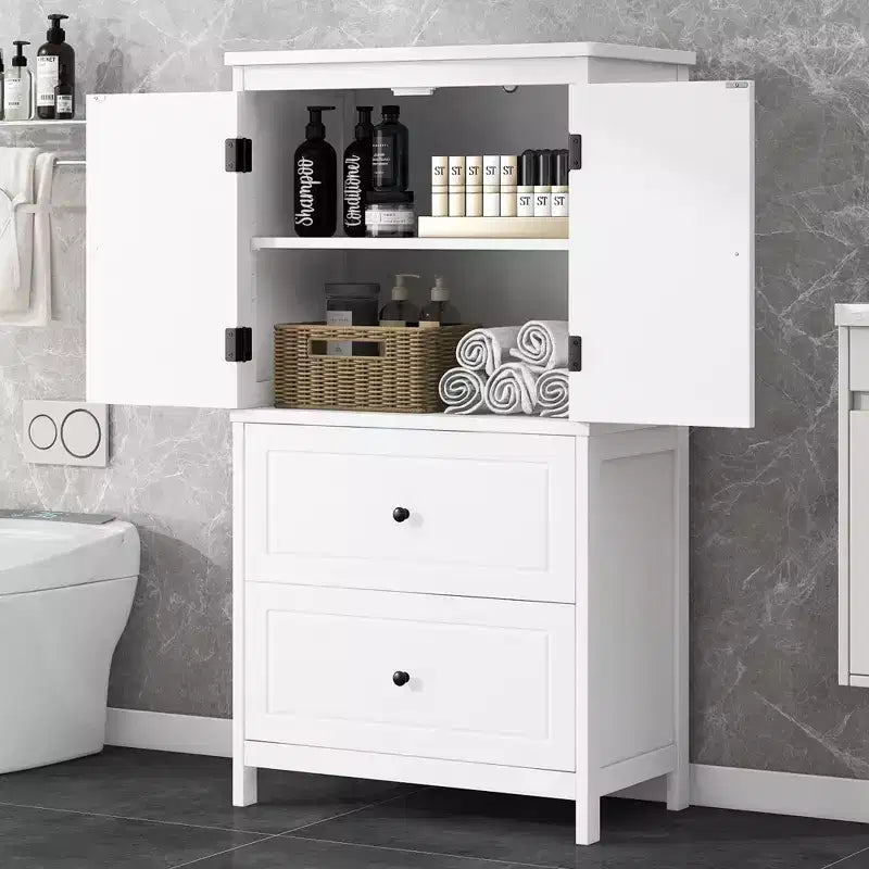 Meuble de Rangement Salle de Bain, Armoire avec Deux Portes, Tiroirs et Étagère Réglable