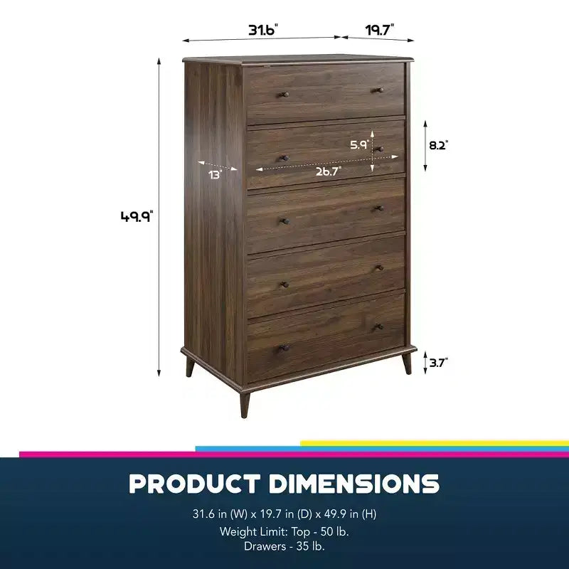 Commode en bois à 5 tiroirs – Grand coffre de rangement pour chambre à coucher avec tiroirs à glissière fluide