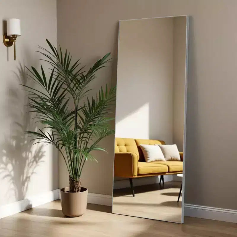 Miroir de plain-pied rectangulaire à bords minces en alliage d'aluminium argenté 163x54x1.5cm (avec support)