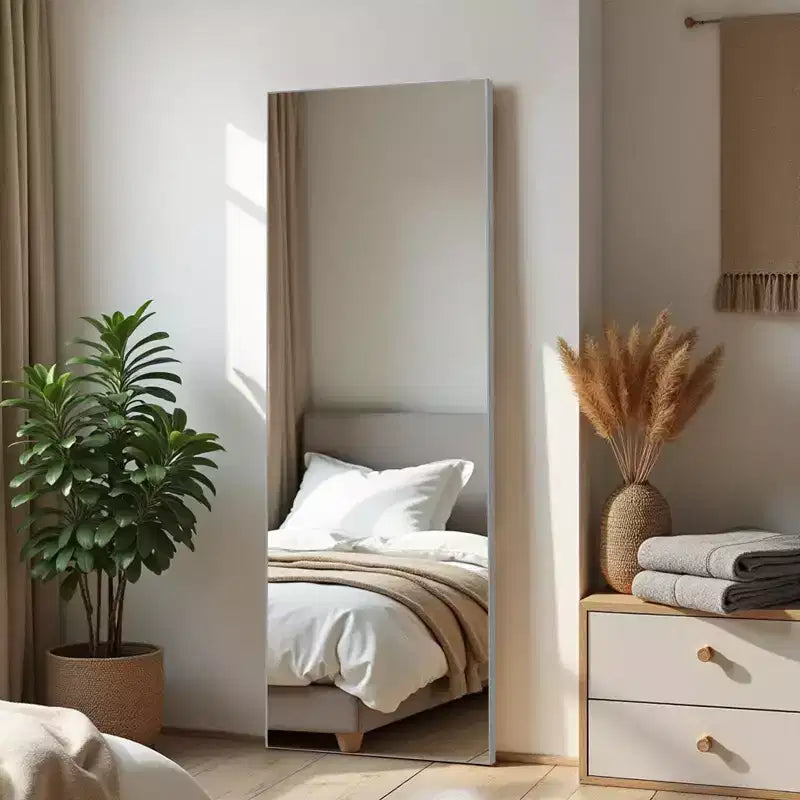Miroir de plain-pied rectangulaire à bords minces en alliage d'aluminium argenté 163x54x1.5cm (avec support)