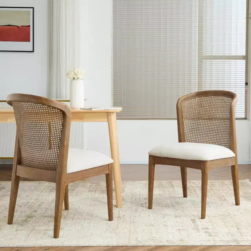 Chaise de salle à manger en hévéa avec dossier en rotin
