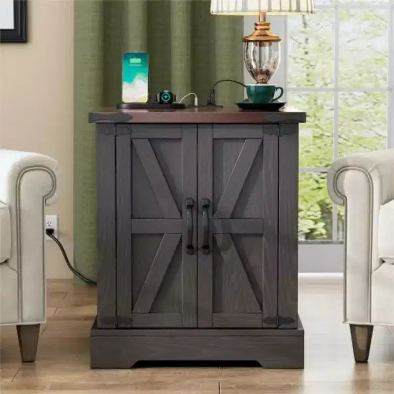 19.6W Versatile Walnut Sofa Side Table with Barn Doors & Retro Hinges for Bedroom, Living Room, Grey