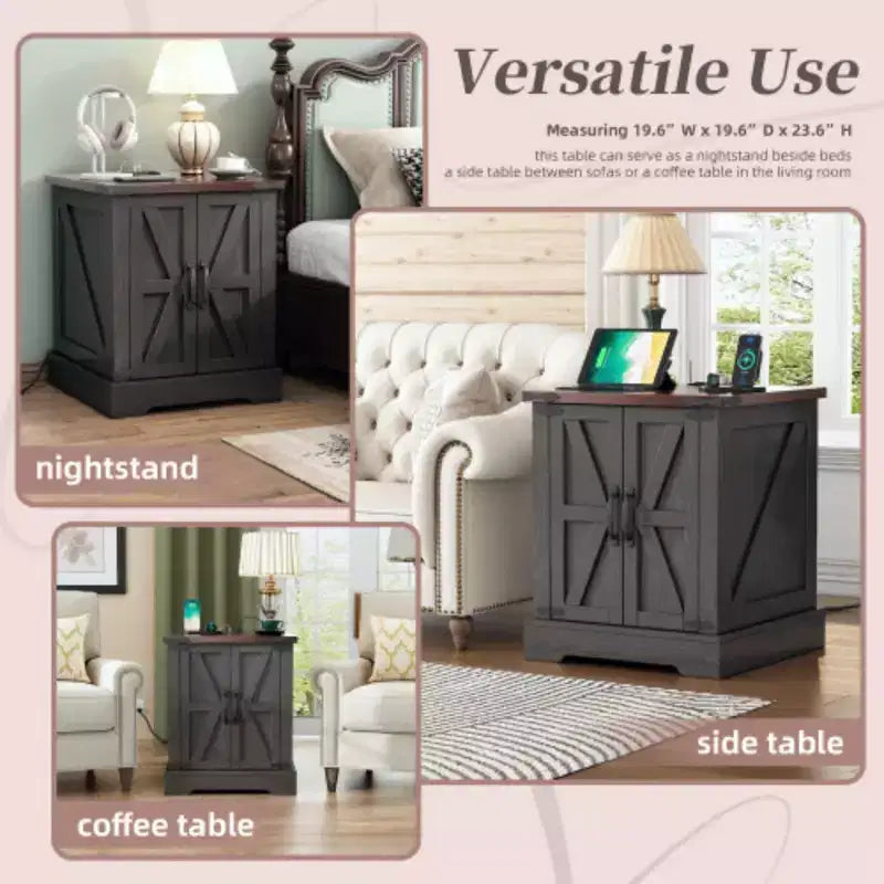 Table d'appoint polyvalente pour canapé en noyer 19,6 W avec portes de grange et charnières rétro pour chambre à coucher, salon, grise