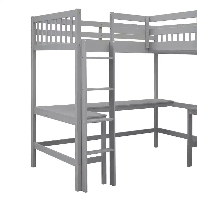Lit mezzanine en forme de L en bois, taille double, avec échelle et 2 bureaux intégrés en forme de L, 119''L 79.5''W
