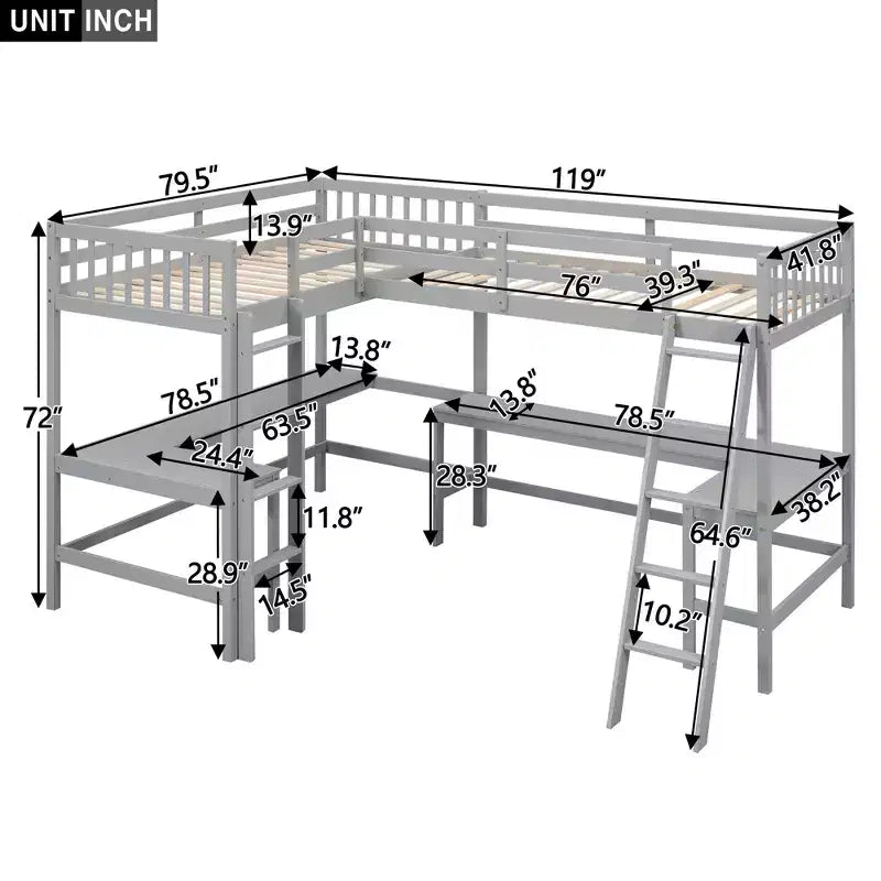 Lit mezzanine en forme de L en bois, taille double, avec échelle et 2 bureaux intégrés en forme de L, 119''L 79.5''W