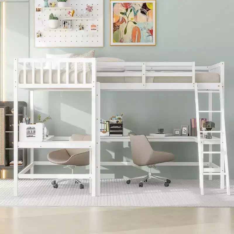 Lit mezzanine en forme de L en bois, taille double, avec échelle et 2 bureaux intégrés en forme de L, 119''L 79.5''W