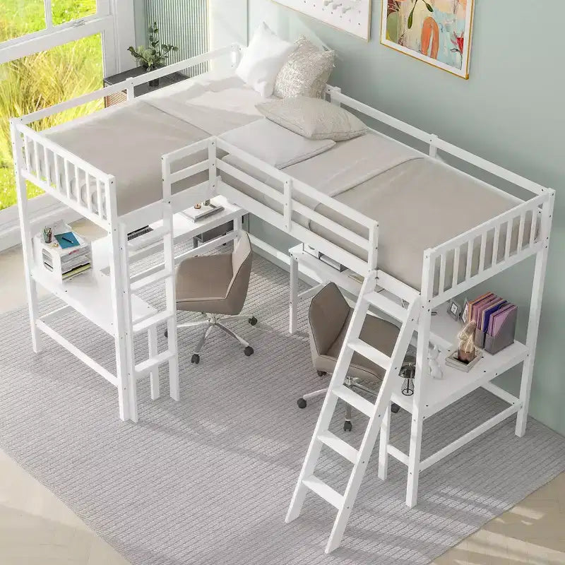 Lit mezzanine en forme de L en bois, taille double, avec échelle et 2 bureaux intégrés en forme de L, 119''L 79.5''W