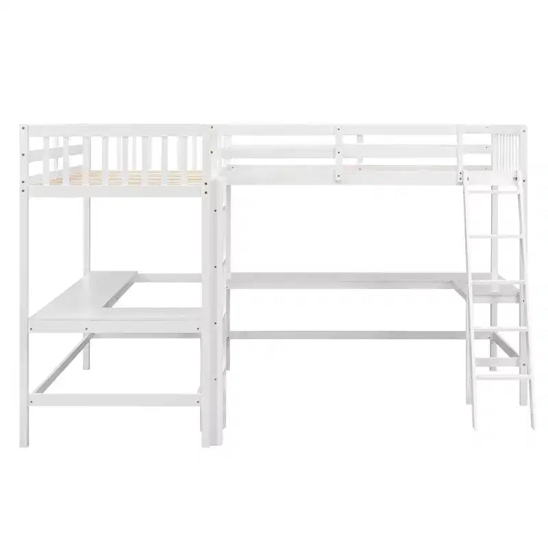 Lit mezzanine en forme de L en bois, taille double, avec échelle et 2 bureaux intégrés en forme de L, 119''L 79.5''W