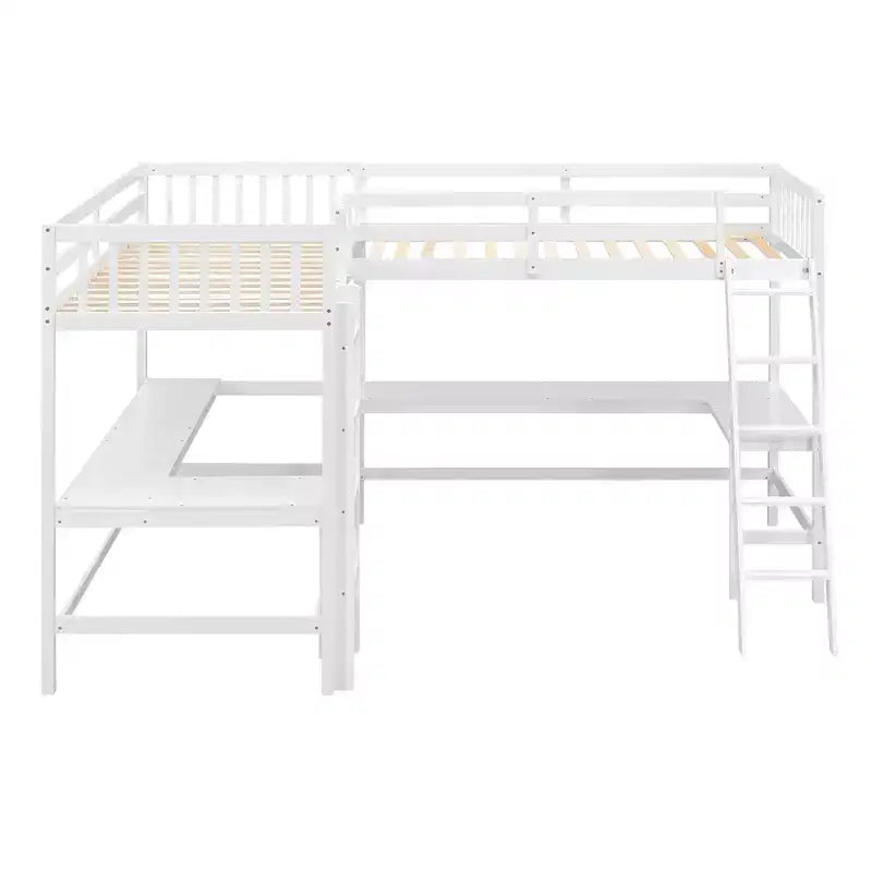 Lit mezzanine en forme de L en bois, taille double, avec échelle et 2 bureaux intégrés en forme de L, 119''L 79.5''W