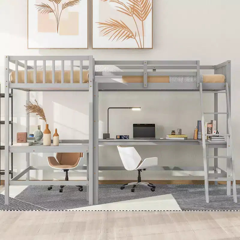 Lit mezzanine en forme de L en bois, taille double, avec échelle et 2 bureaux intégrés en forme de L, 119''L 79.5''W