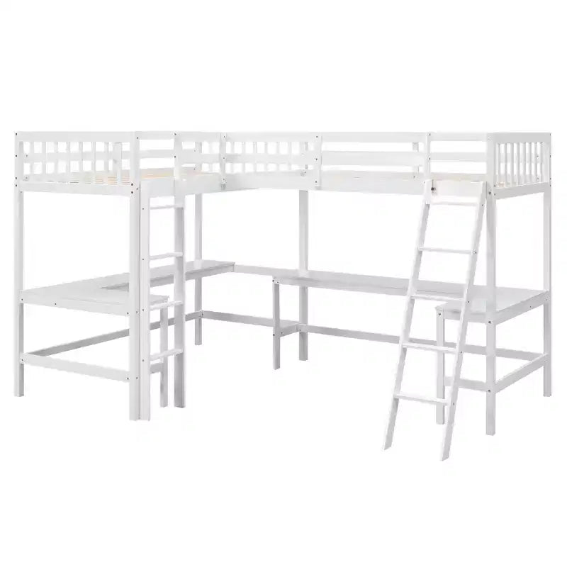 Lit mezzanine en forme de L en bois, taille double, avec échelle et 2 bureaux intégrés en forme de L, 119''L 79.5''W