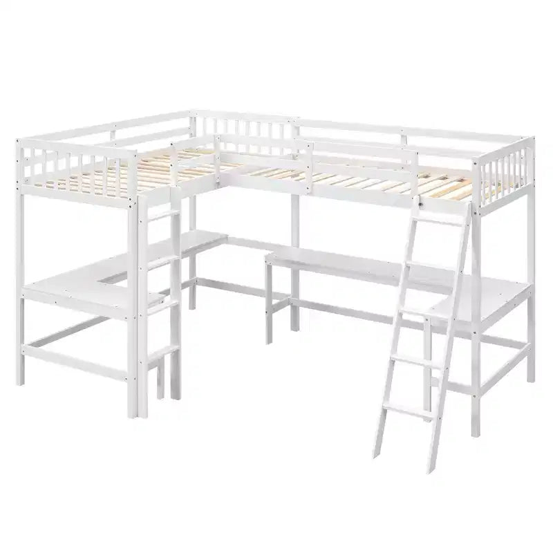 Lit mezzanine en forme de L en bois, taille double, avec échelle et 2 bureaux intégrés en forme de L, 119''L 79.5''W