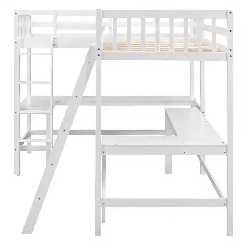 Lit mezzanine en forme de L en bois, taille double, avec échelle et 2 bureaux intégrés en forme de L, 119''L 79.5''W