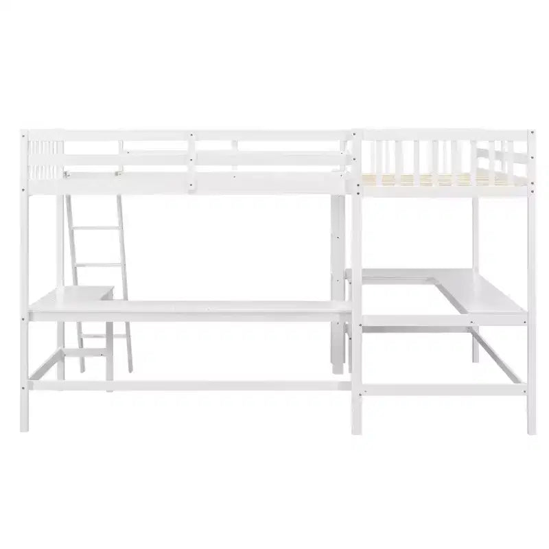 Lit mezzanine en forme de L en bois, taille double, avec échelle et 2 bureaux intégrés en forme de L, 119''L 79.5''W