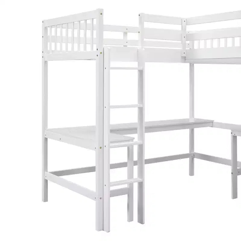 Lit mezzanine en forme de L en bois, taille double, avec échelle et 2 bureaux intégrés en forme de L, 119''L 79.5''W