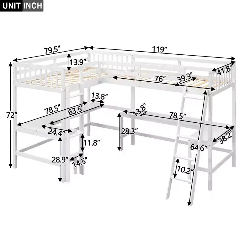 Lit mezzanine en forme de L en bois, taille double, avec échelle et 2 bureaux intégrés en forme de L, 119''L 79.5''W