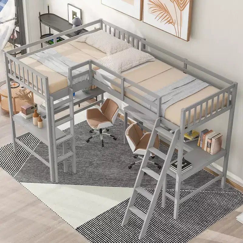 Lit mezzanine en forme de L en bois, taille double, avec échelle et 2 bureaux intégrés en forme de L, 119''L 79.5''W