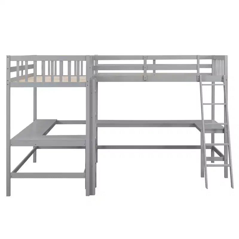 Lit mezzanine en forme de L en bois, taille double, avec échelle et 2 bureaux intégrés en forme de L, 119''L 79.5''W