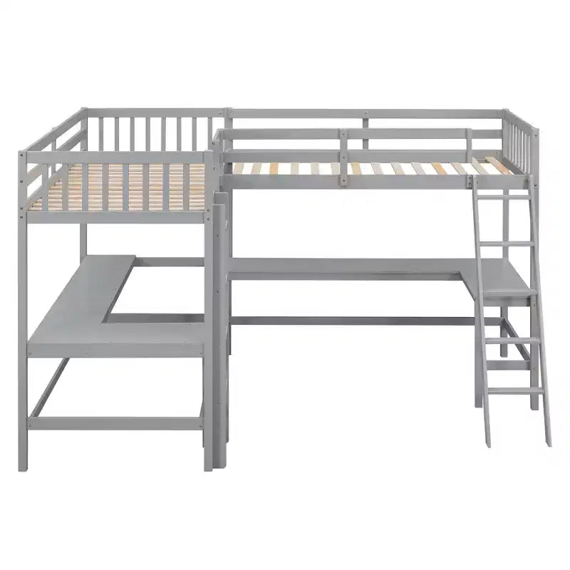 Lit mezzanine en forme de L en bois, taille double, avec échelle et 2 bureaux intégrés en forme de L, 119''L 79.5''W