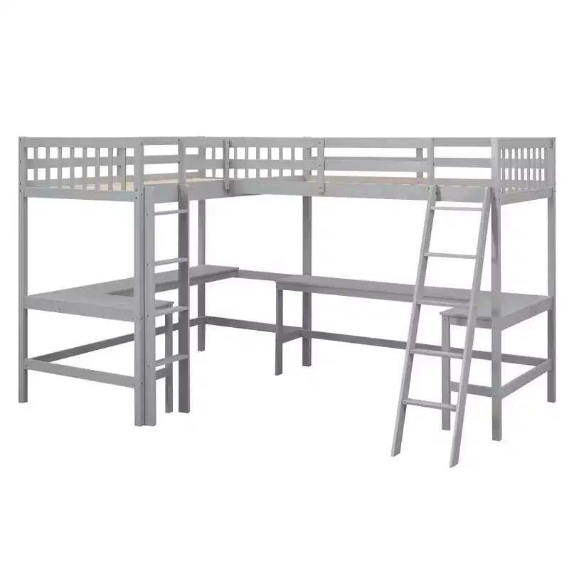 Lit mezzanine en forme de L en bois, taille double, avec échelle et 2 bureaux intégrés en forme de L, 119''L 79.5''W