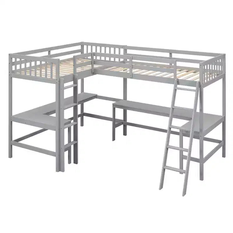 Lit mezzanine en forme de L en bois, taille double, avec échelle et 2 bureaux intégrés en forme de L, 119''L 79.5''W