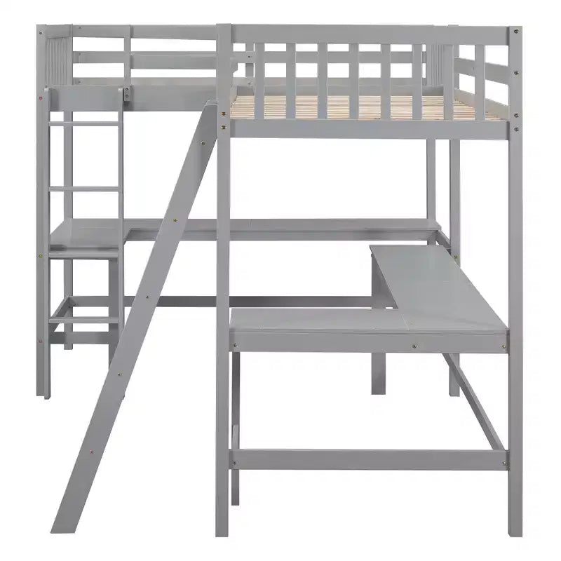 Lit mezzanine en forme de L en bois, taille double, avec échelle et 2 bureaux intégrés en forme de L, 119''L 79.5''W