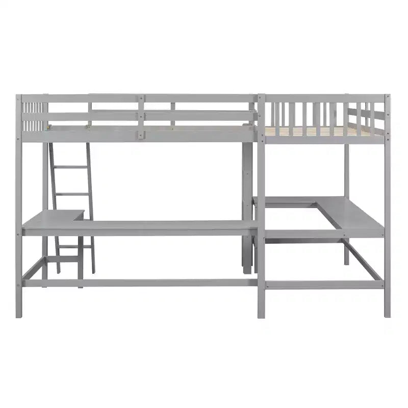 Lit mezzanine en forme de L en bois, taille double, avec échelle et 2 bureaux intégrés en forme de L, 119''L 79.5''W