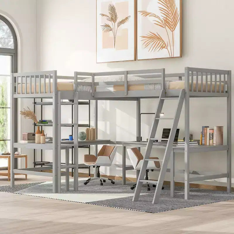 Whisen 119''L  79.5''W Wood Twin Size L-Shaped Loft Bed with Ladder and 2 Built-in L-Shaped Desks