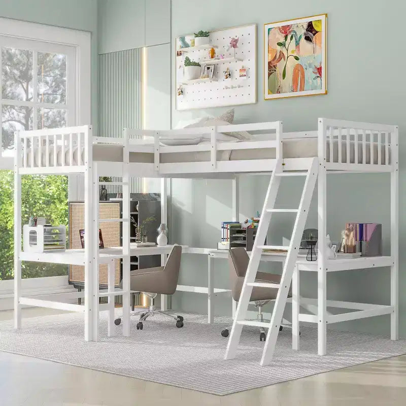 Lit mezzanine en forme de L en bois, taille double, avec échelle et 2 bureaux intégrés en forme de L, 119''L 79.5''W