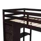 Lit mezzanine double en bois de conception moderne avec tiroirs de rangement, bureau et escalier, 94,40''L x 41,80''l