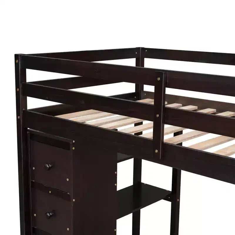 Lit mezzanine double en bois de conception moderne avec tiroirs de rangement, bureau et escalier, 94,40''L x 41,80''l