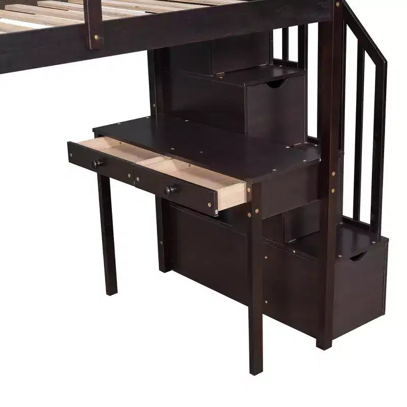 Lit mezzanine double en bois de conception moderne avec tiroirs de rangement, bureau et escalier, 94,40''L x 41,80''l