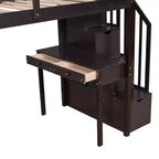 Lit mezzanine double en bois de conception moderne avec tiroirs de rangement, bureau et escalier, 94,40''L x 41,80''l