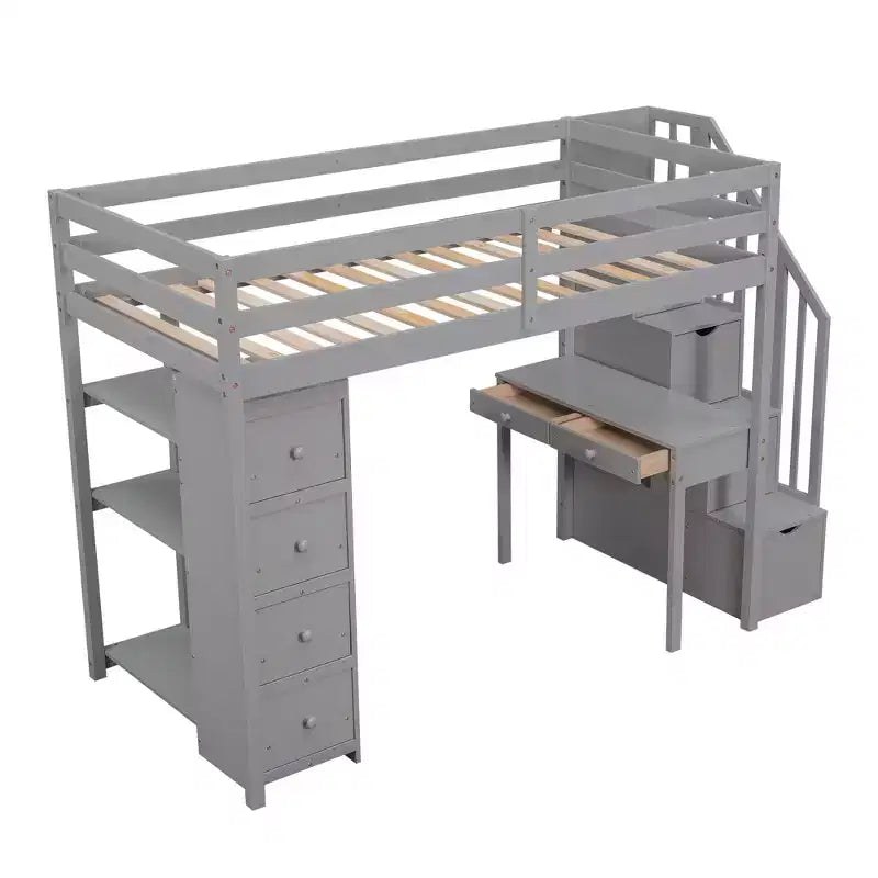 Lit mezzanine double en bois de conception moderne avec tiroirs de rangement, bureau et escalier, 94,40''L x 41,80''l