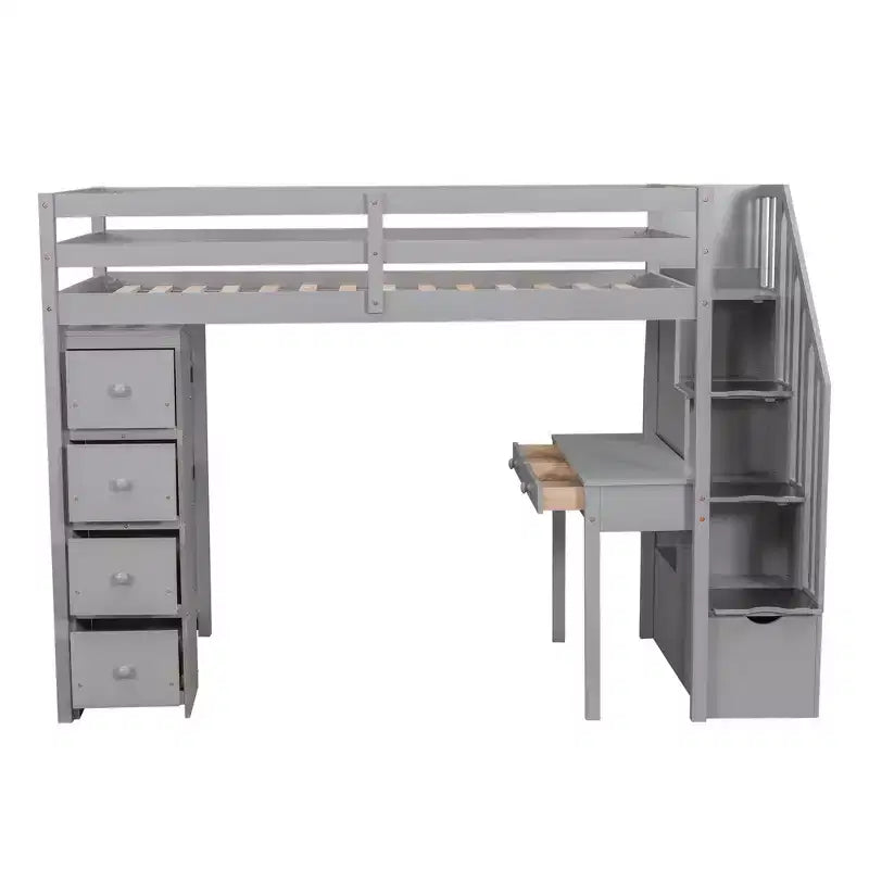 Lit mezzanine double en bois de conception moderne avec tiroirs de rangement, bureau et escalier, 94,40''L x 41,80''l