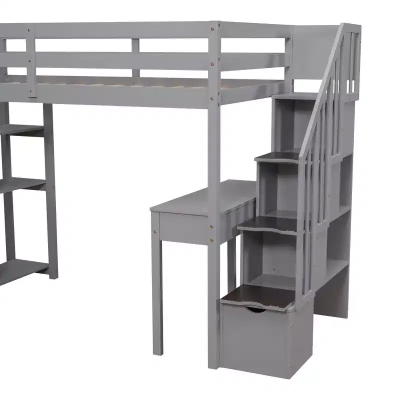 Lit mezzanine double en bois de conception moderne avec tiroirs de rangement, bureau et escalier, 94,40''L x 41,80''l