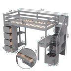 Lit mezzanine double en bois de conception moderne avec tiroirs de rangement, bureau et escalier, 94,40''L x 41,80''l