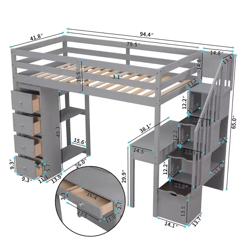 Lit mezzanine double en bois de conception moderne avec tiroirs de rangement, bureau et escalier, 94,40''L x 41,80''l