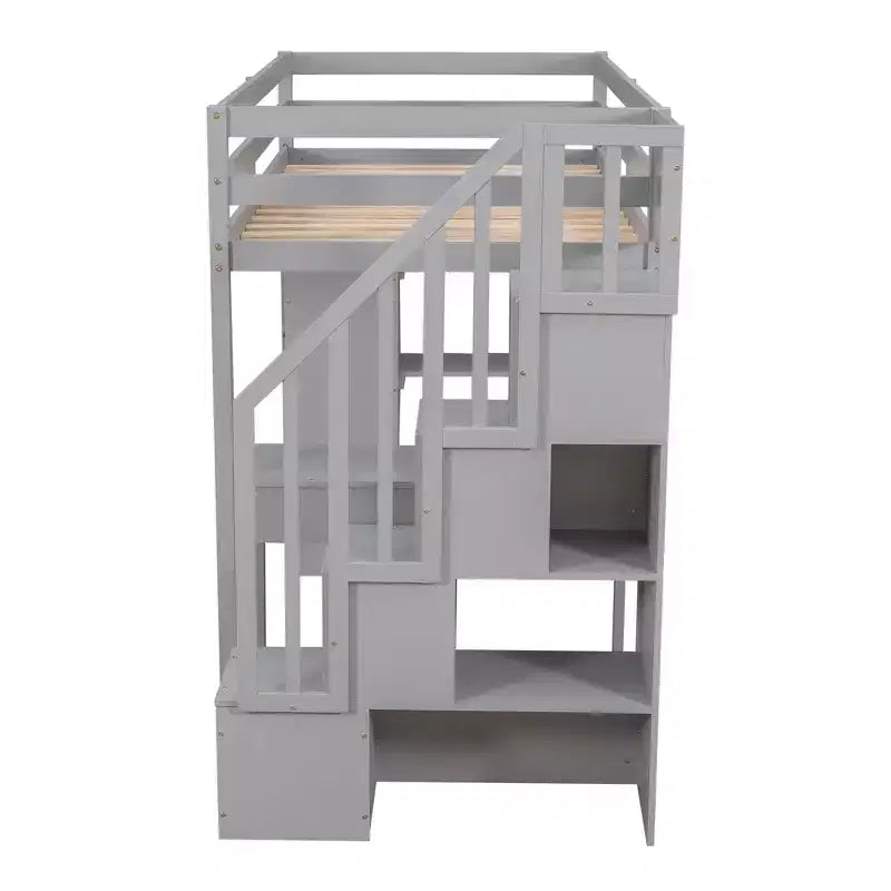 Lit mezzanine double en bois de conception moderne avec tiroirs de rangement, bureau et escalier, 94,40''L x 41,80''l