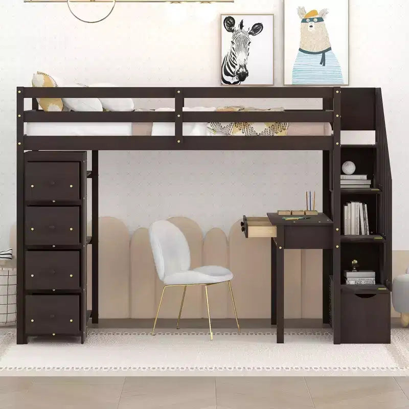 Lit mezzanine double en bois de conception moderne avec tiroirs de rangement, bureau et escalier, 94,40''L x 41,80''l