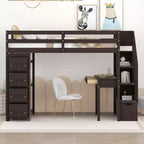 Lit mezzanine double en bois de conception moderne avec tiroirs de rangement, bureau et escalier, 94,40''L x 41,80''l
