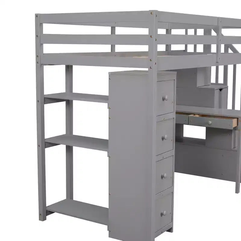 Lit mezzanine double en bois de conception moderne avec tiroirs de rangement, bureau et escalier, 94,40''L x 41,80''l