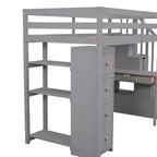 Lit mezzanine double en bois de conception moderne avec tiroirs de rangement, bureau et escalier, 94,40''L x 41,80''l