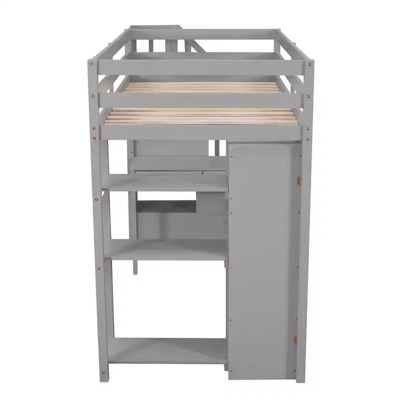 Lit mezzanine double en bois de conception moderne avec tiroirs de rangement, bureau et escalier, 94,40''L x 41,80''l