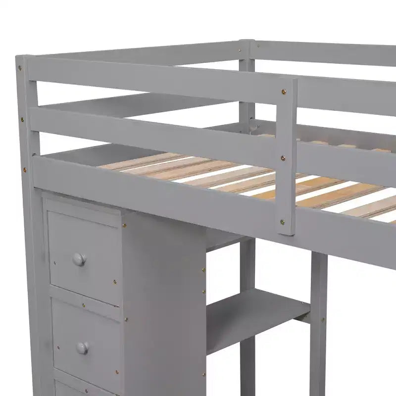 Lit mezzanine double en bois de conception moderne avec tiroirs de rangement, bureau et escalier, 94,40''L x 41,80''l